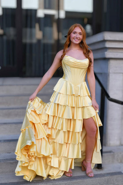Cute A Line Scoop Neck Yellow Satin Tiered Long Prom Dress with Slit