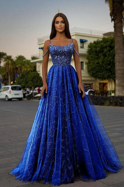Tulle A-Line Long Spaghetti-Straps Prom Dress With Sequins Beads