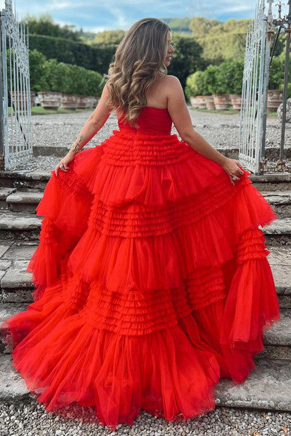 A Line Strapless Apricot Long Prom Dress with Ruffles