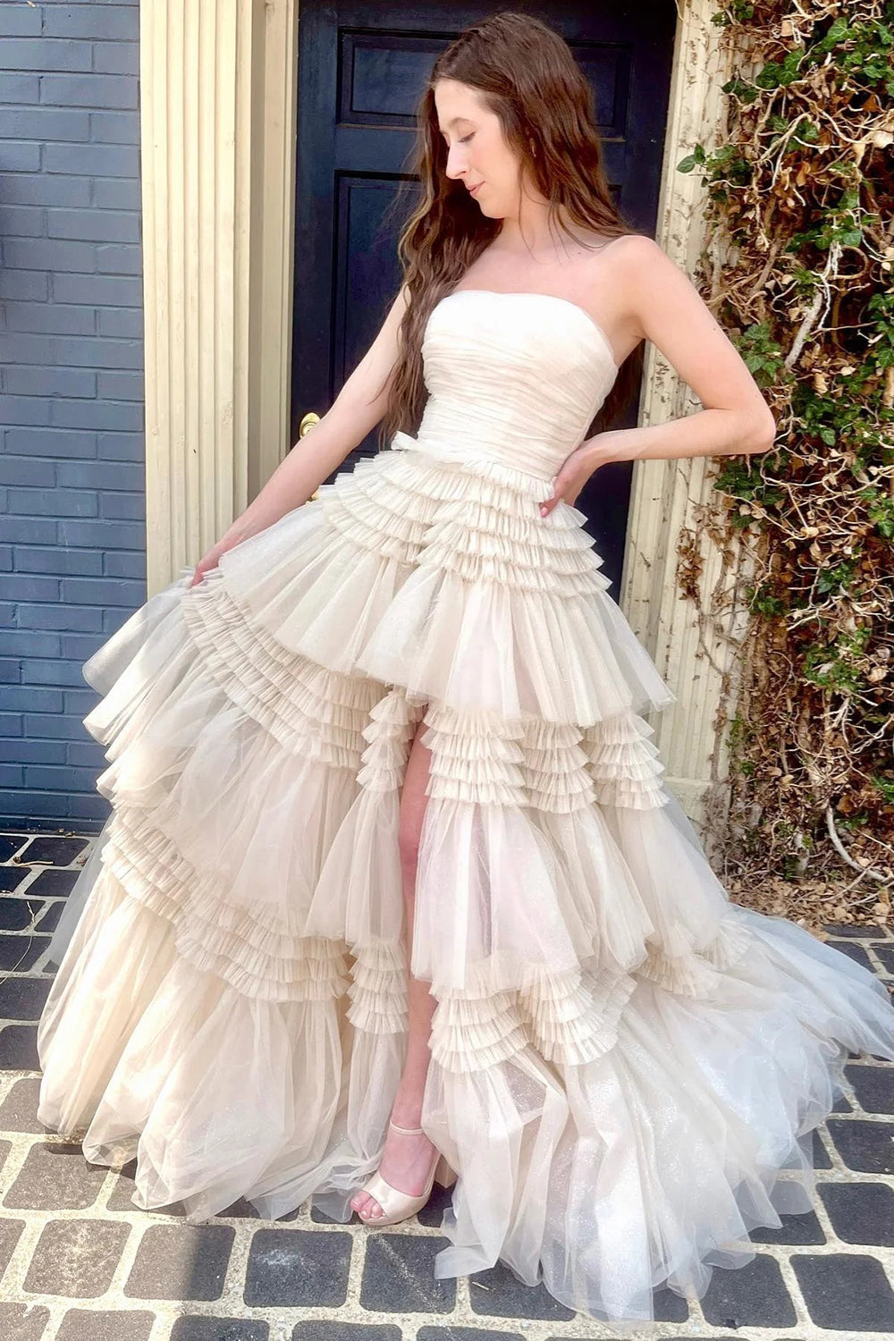 A Line Strapless Apricot Long Prom Dress with Ruffles
