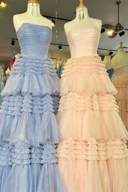 A Line Strapless Apricot Long Prom Dress with Ruffles