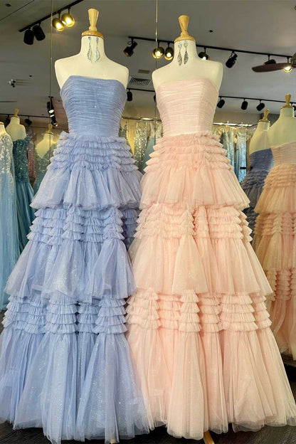 A Line Strapless Apricot Long Prom Dress with Ruffles