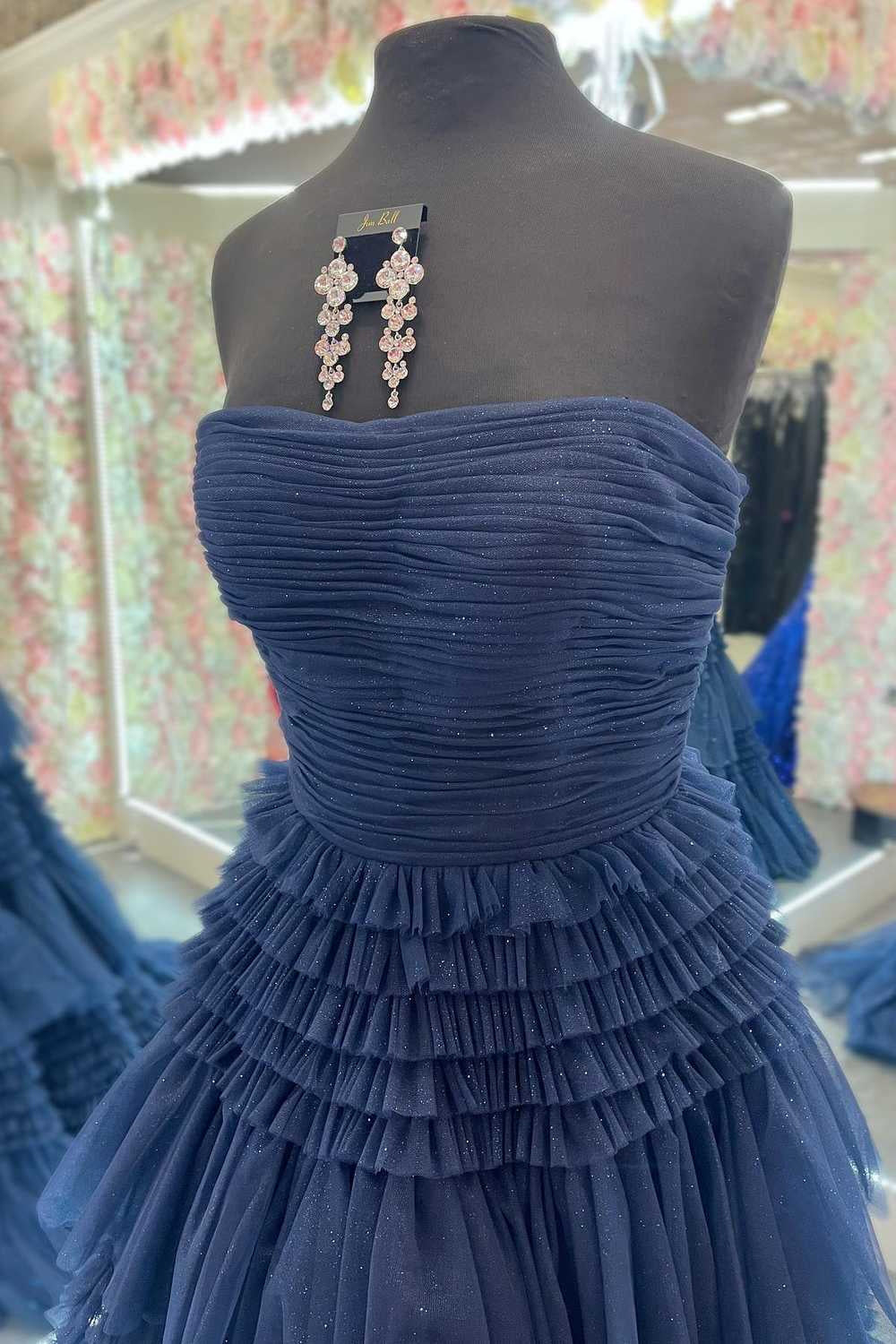 A Line Strapless Apricot Long Prom Dress with Ruffles