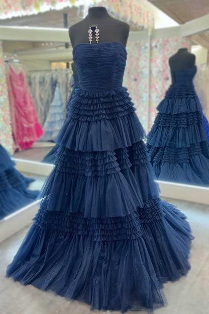 A Line Strapless Apricot Long Prom Dress with Ruffles