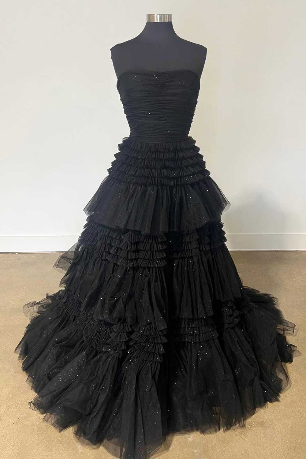 A Line Strapless Apricot Long Prom Dress with Ruffles