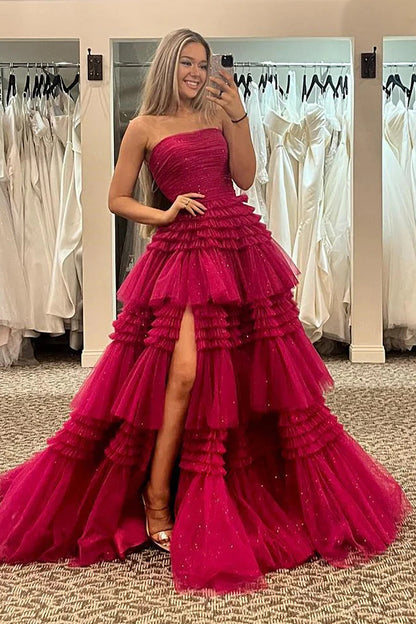 A Line Strapless Apricot Long Prom Dress with Ruffles