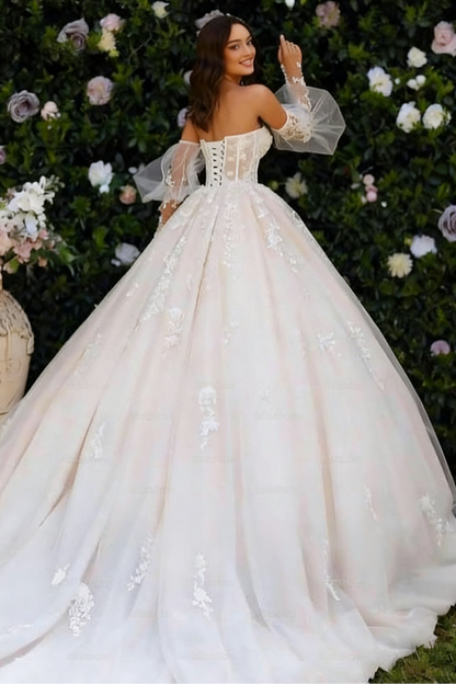 Fabulous White Sweetheart Sleeveless Lace Ball Gown Long Tulle Wedding Dress