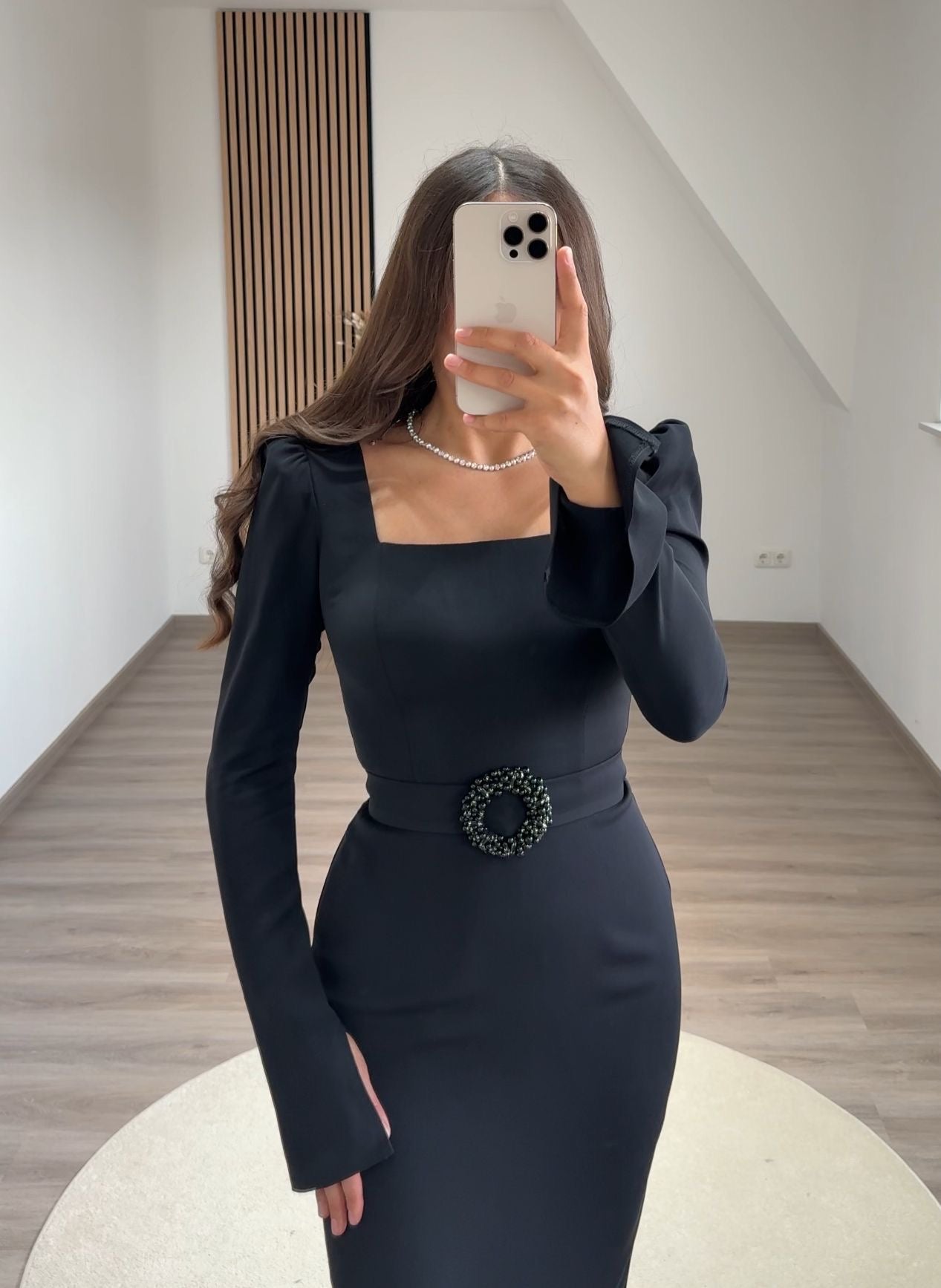 Black Long Sleeves Square Evening Dress