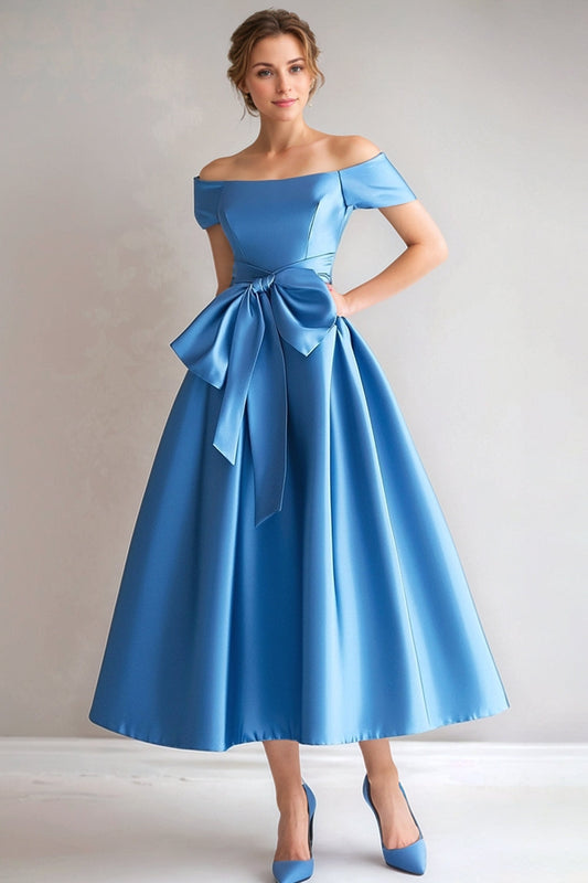 Off the Shoulder A-Line Satin Tea Length Mother Of the Bride Dress