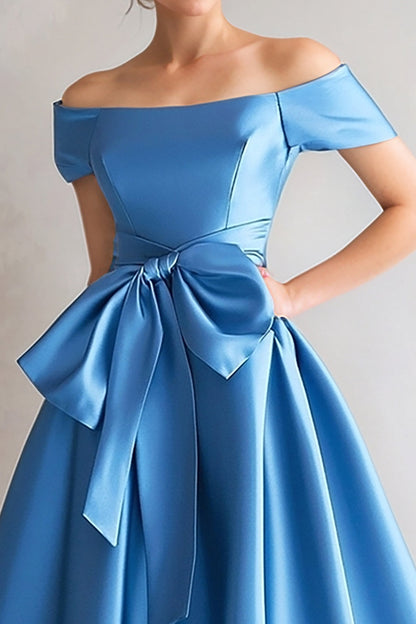 Off the Shoulder A-Line Satin Tea Length Mother Of the Bride Dress