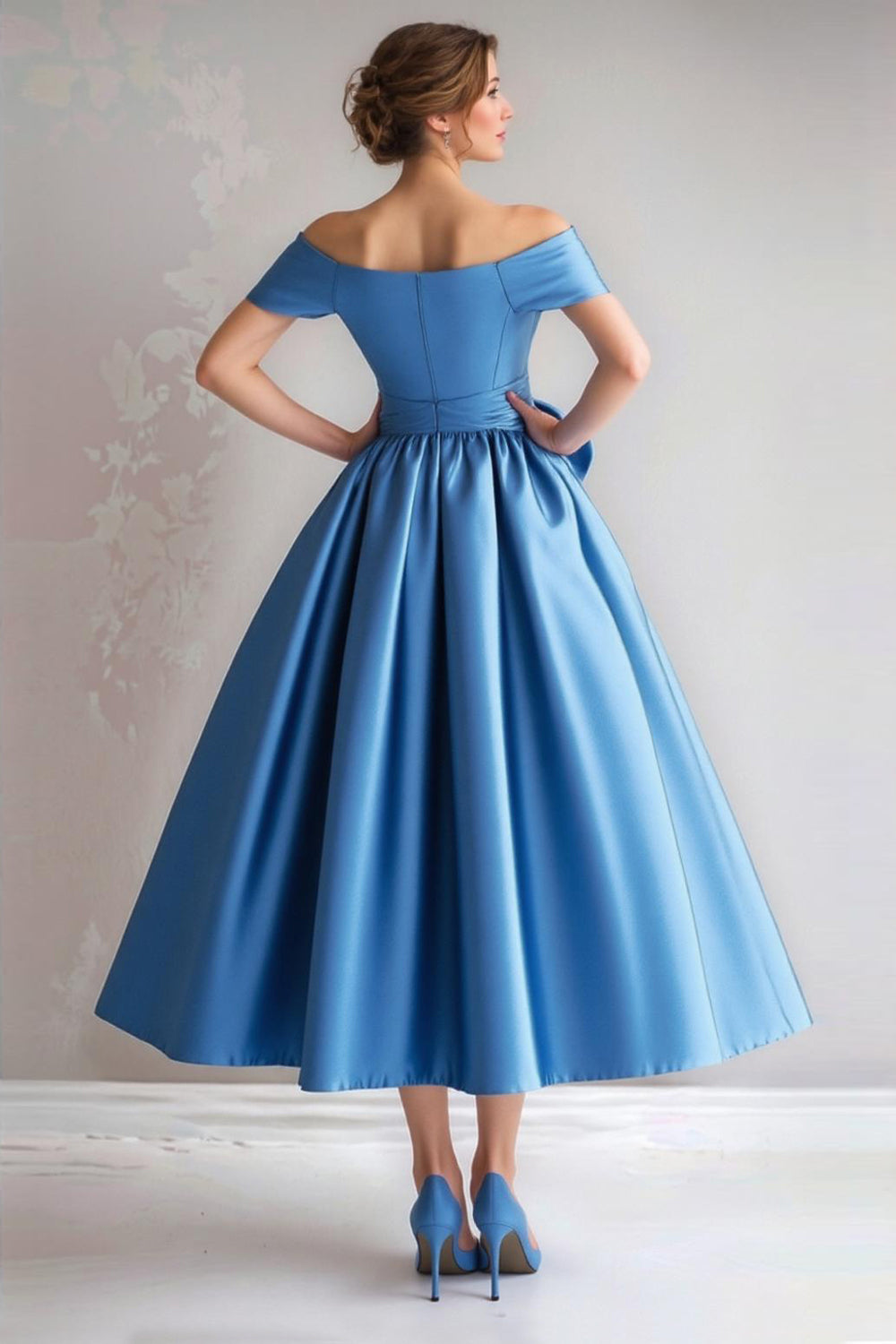 Off the Shoulder A-Line Satin Tea Length Mother Of the Bride Dress
