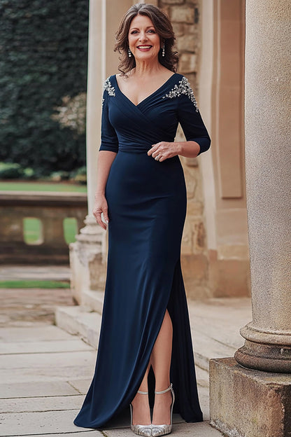 Navy Mermaid V-neck Satin Half Sleeves Long Mother of the Bride Dress