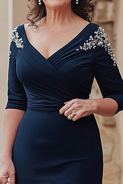 Navy Mermaid V-neck Satin Half Sleeves Long Mother of the Bride Dress