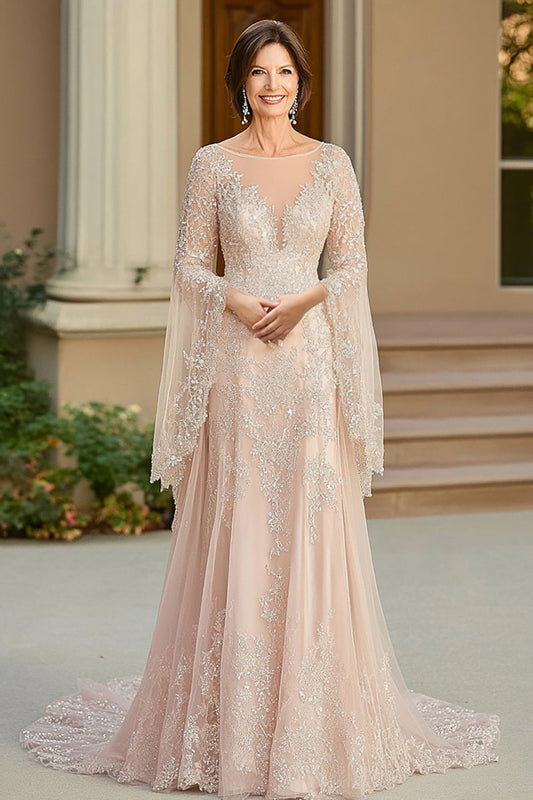 Beige A Line Flutter Sleeves Mother Of Bride Dress With Lace Appliques