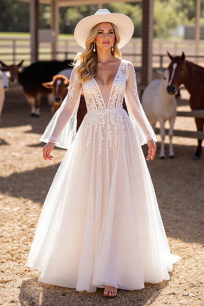 V-Neck Long Sleeves Tulle A-Line Bridal Dress With Appliques