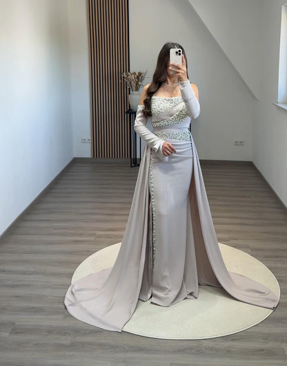 Simple Long Sleeves Off-Shoulder Appliques Evening Dress