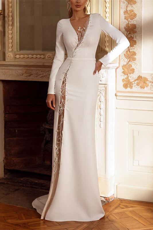 Deep V-Neck Long-Sleeves Floor-Length Mermaid Wedding Dress