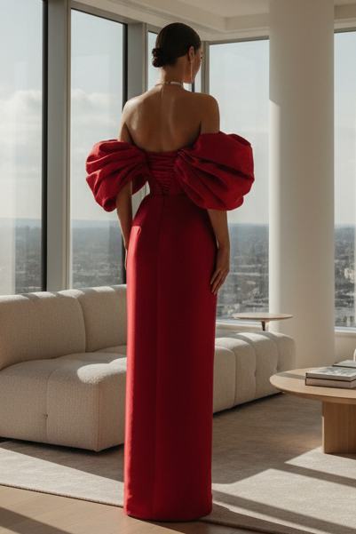 Striking Red Off the Shoulder Satin Evening Gown