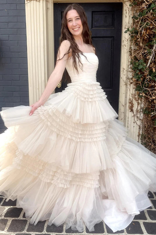 A Line Strapless Apricot Long Prom Dress with Ruffles