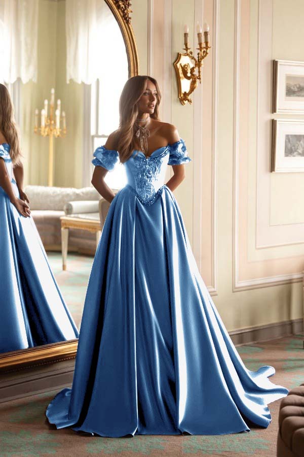 Short Sleeves Long A-Line Prom Dress With Embroidered And Pleated