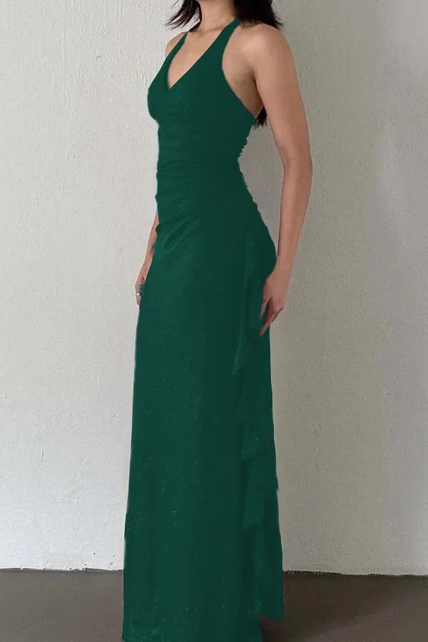 Charming V-Neck Halter Burgundy Ruffles Prom Dress ZT0740