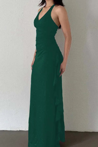 Charming V-Neck Halter Burgundy Ruffles Prom Dress ZT0740