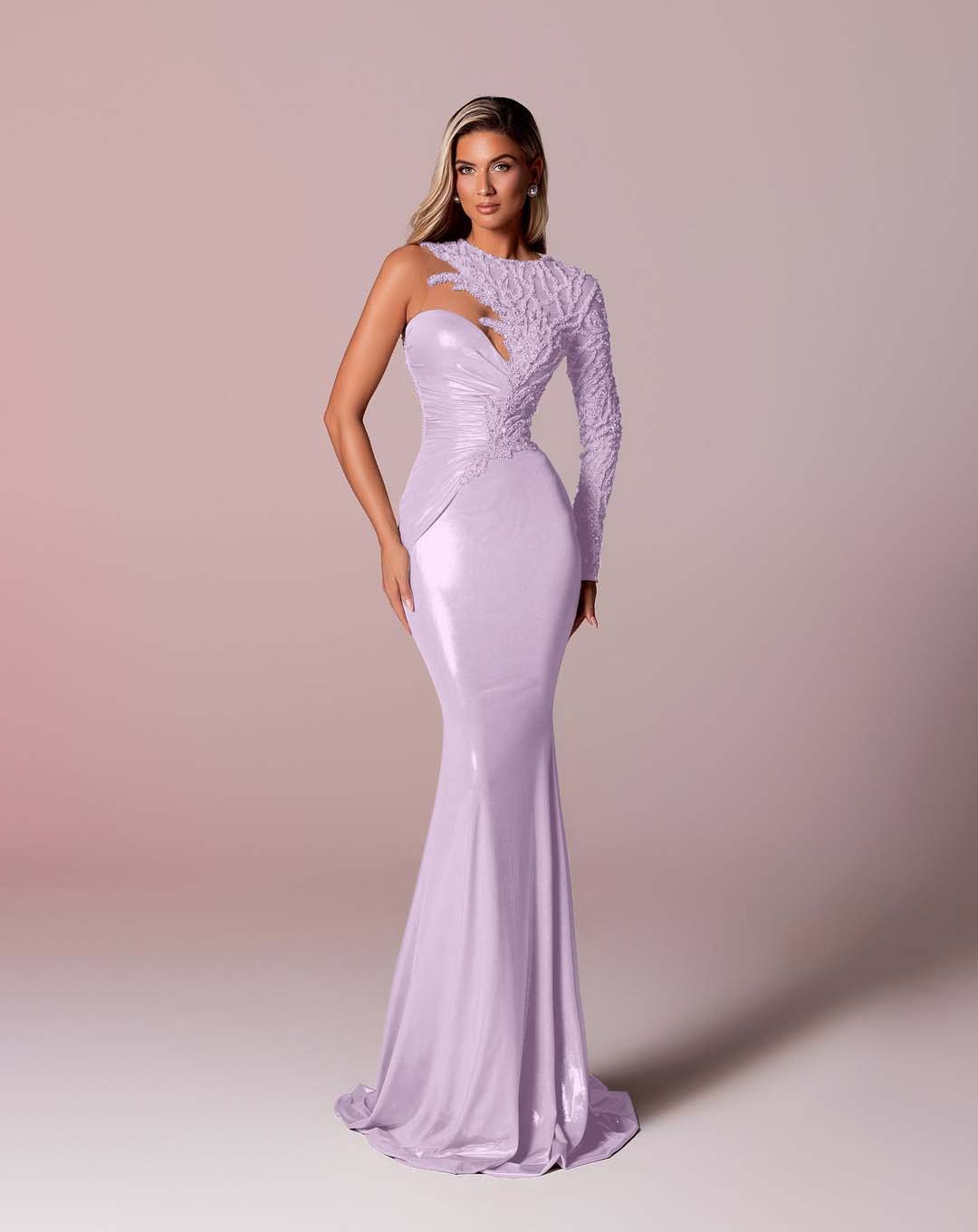 Hidais Asymmetric Neckline Single-Sided Long Sleeve Long Mermaid Prom Dress