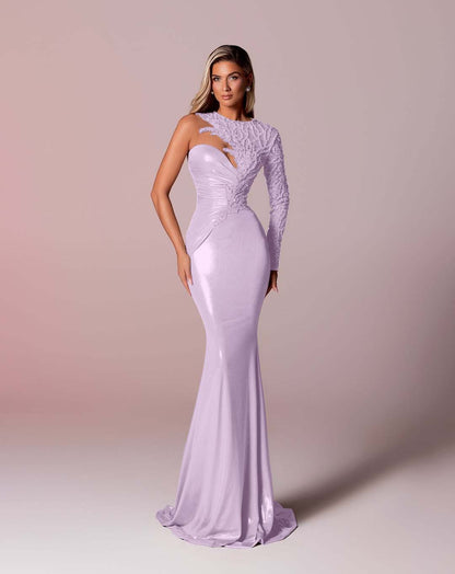 Hidais Asymmetric Neckline Single-Sided Long Sleeve Long Mermaid Prom Dress
