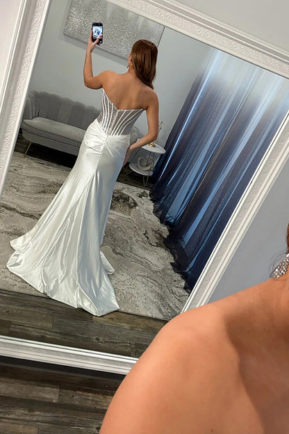 Mermaid Strapless Gold Satin Beaded Long Prom Dress