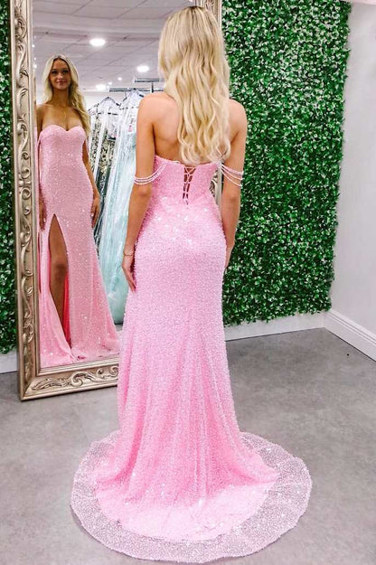 Mermaid Off the Shoulder Pink Sequins Long Prom Dress