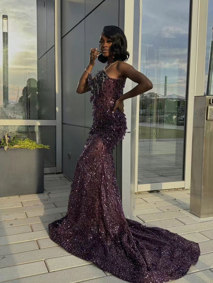 Mermaid Sweetheart Grape Sequins Prom Dresses With Beads