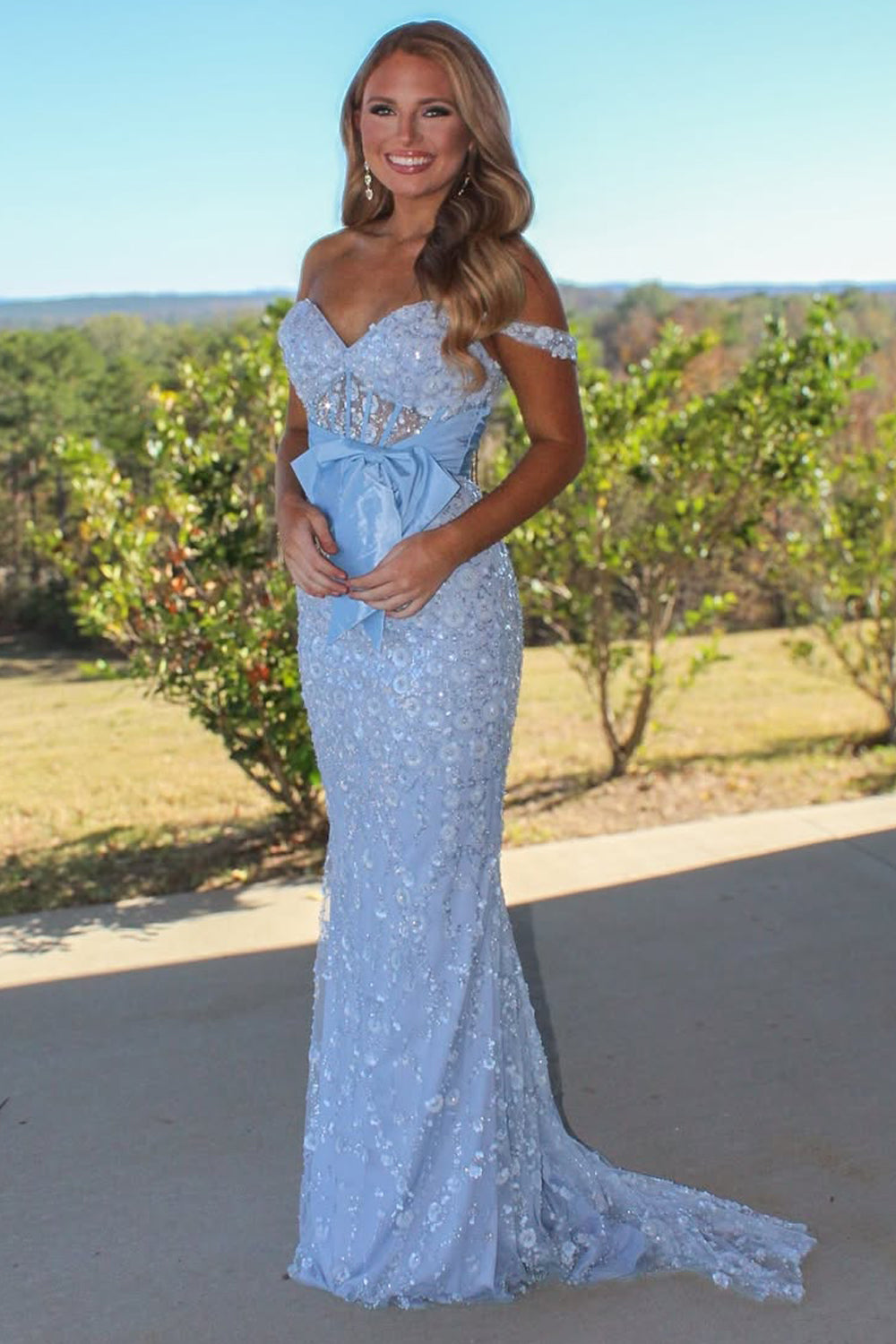 Mermaid Off the Shoulder Corset Light Blue Sequin Appliques Long Prom Dress