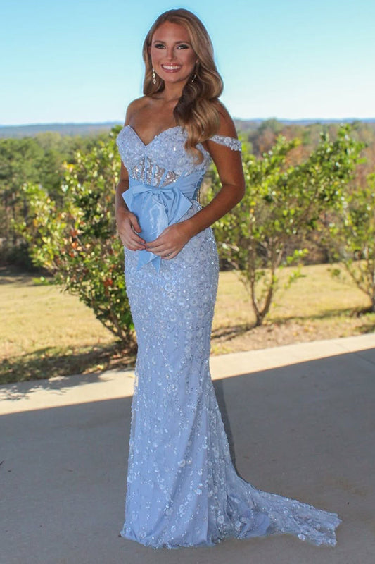 Mermaid Off the Shoulder Corset Light Blue Sequin Appliques Long Prom Dress
