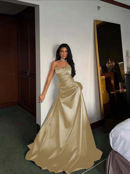 Black Satin Sweetheart Strapless Sleeveless Long A-Line Prom Dress With Pleated