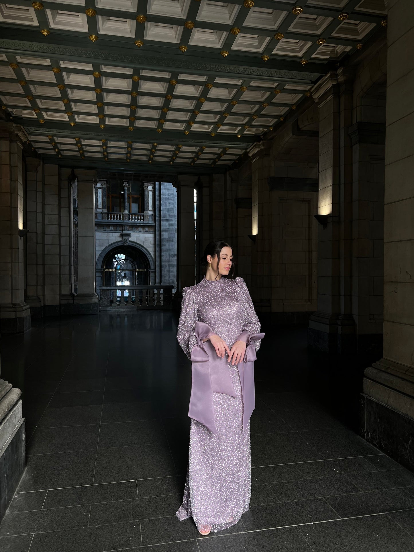 Lilac Beaded High Neck Bowknot Long Sleeves Evening Formal Dress