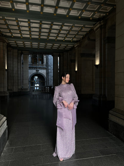 Lilac Beaded High Neck Bowknot Long Sleeves Evening Formal Dress
