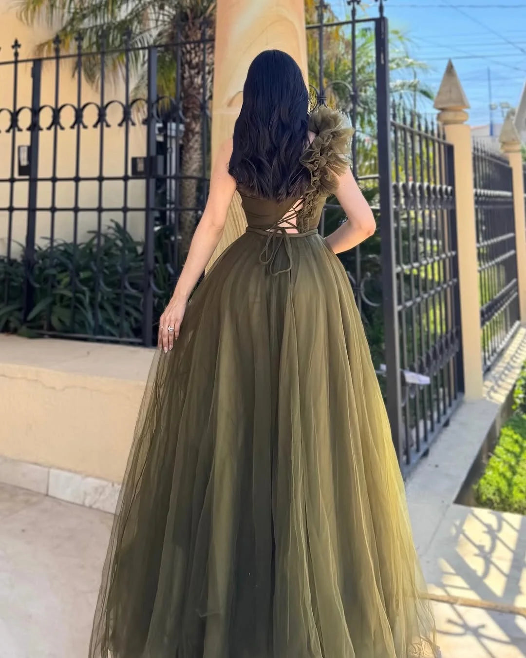 Olive Green Split One-Shoulder Tulle Summer Prom Dress ZT0706
