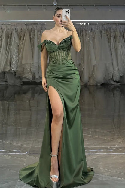 Green Off-The-Shoulder Beaded Split Evening Dress ZT0382