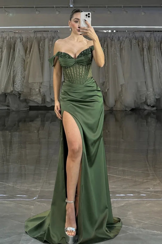 Green Off-The-Shoulder Beaded Split Evening Dress ZT0382