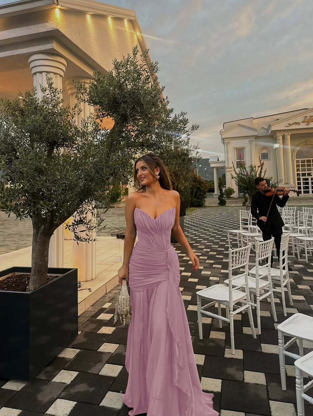 Strapless V Neck Sleeveless Long Prom Dress With Pleated Ruffle