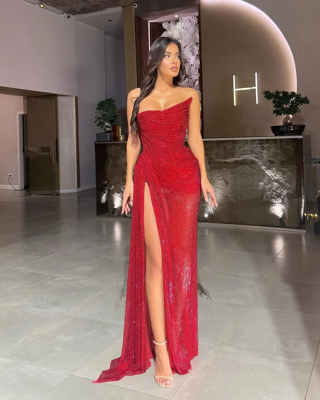 Red Strapless Gorgeous Split Sequins Prom Dress