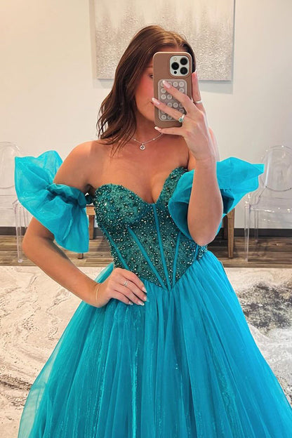 Strapless Blue Beaded Long Prom Dress with Sleeves