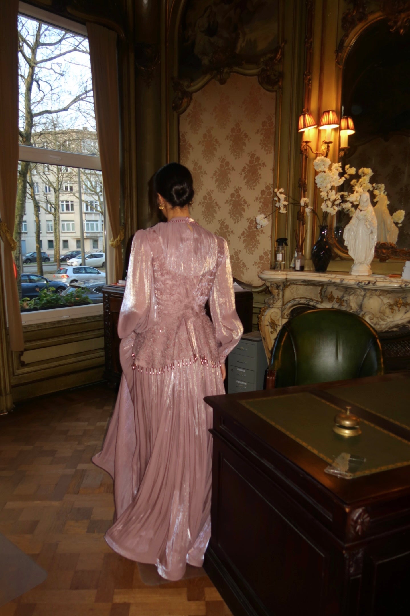 Dusty Rose Long Sleeves A-Line Floor Length Evening Dress