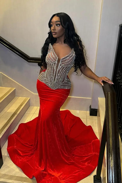 Modern Red V-Neck Sleeveless Prom Dress