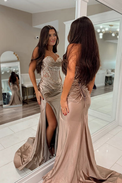 Charming Mermaid Sweetheart Satin Long Prom Dress with Beading