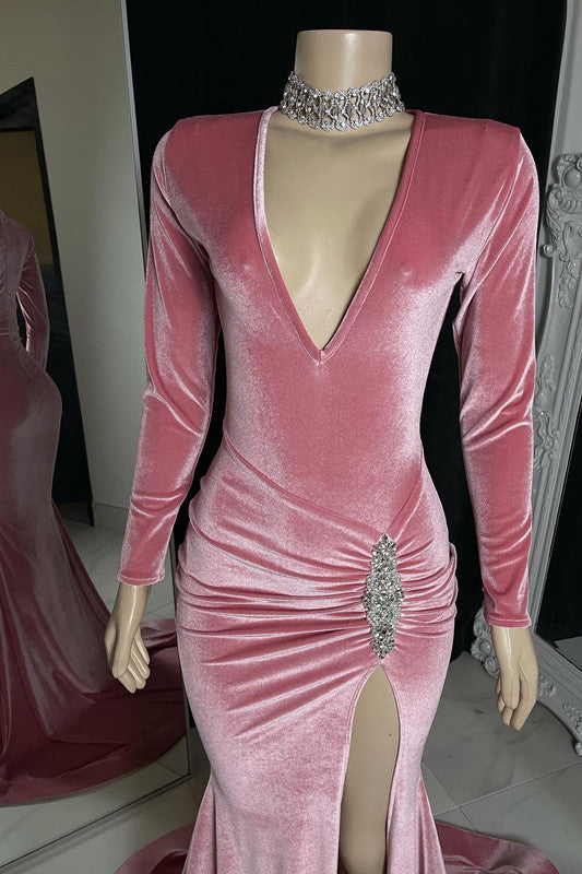 Simple Red V-Neck Prom Dress Long Sleeves Mermaid Velvet with High Slit