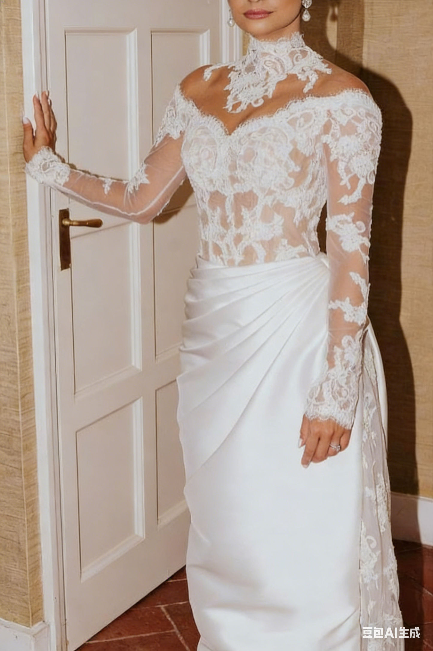 Chic White Mermaid High-Neck Long Sleeves Lace Ruffle Wedding Dress