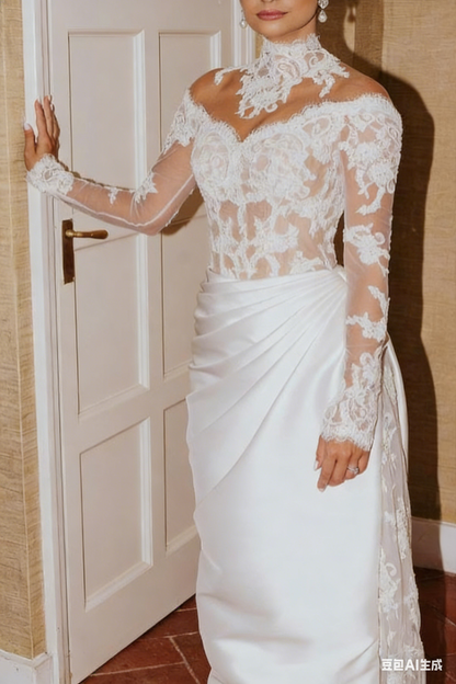 Chic White Mermaid High-Neck Long Sleeves Lace Ruffle Wedding Dress