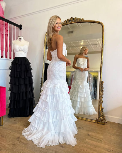 Stunning Strapless Prom Dress Mermaid Ruffles Beading with Bow