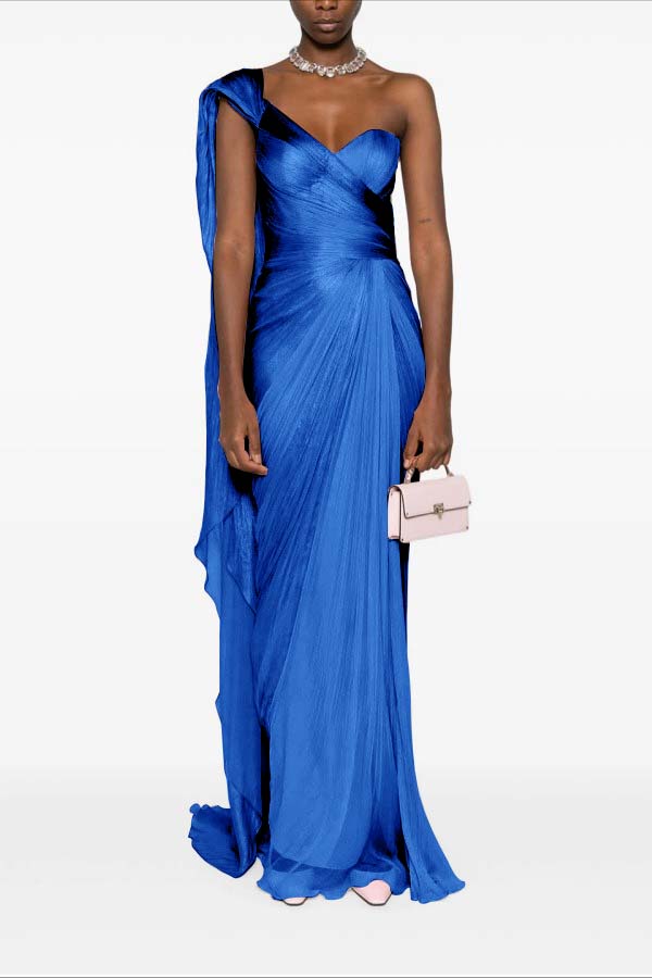 Asymmetric Neck One Shoulder Sleeveless Long Pleated Mermaid Prom Dress With Ruffles